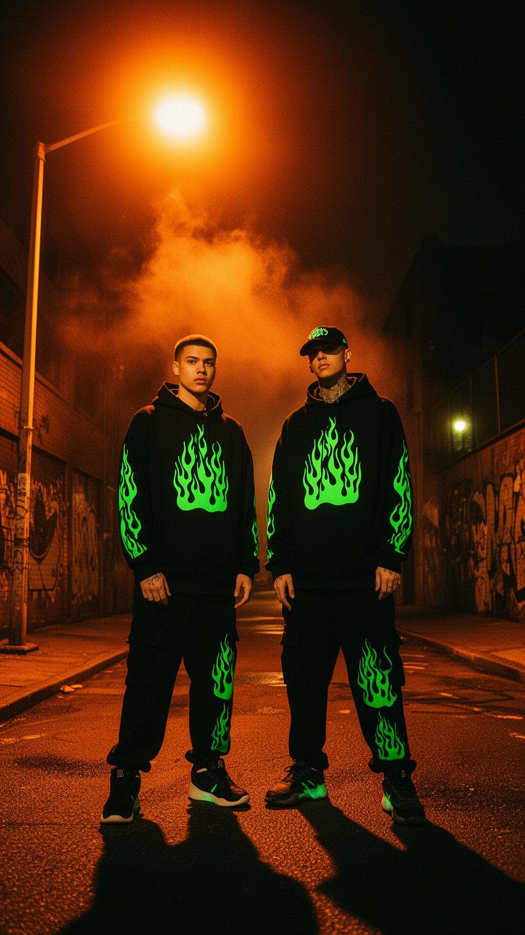 Two models in flame graphic streetwear under orange streetlight